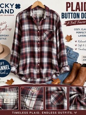 Lucky Brand Plaid Button Down Shirt Red White Flannel Casual Fall | Size Small